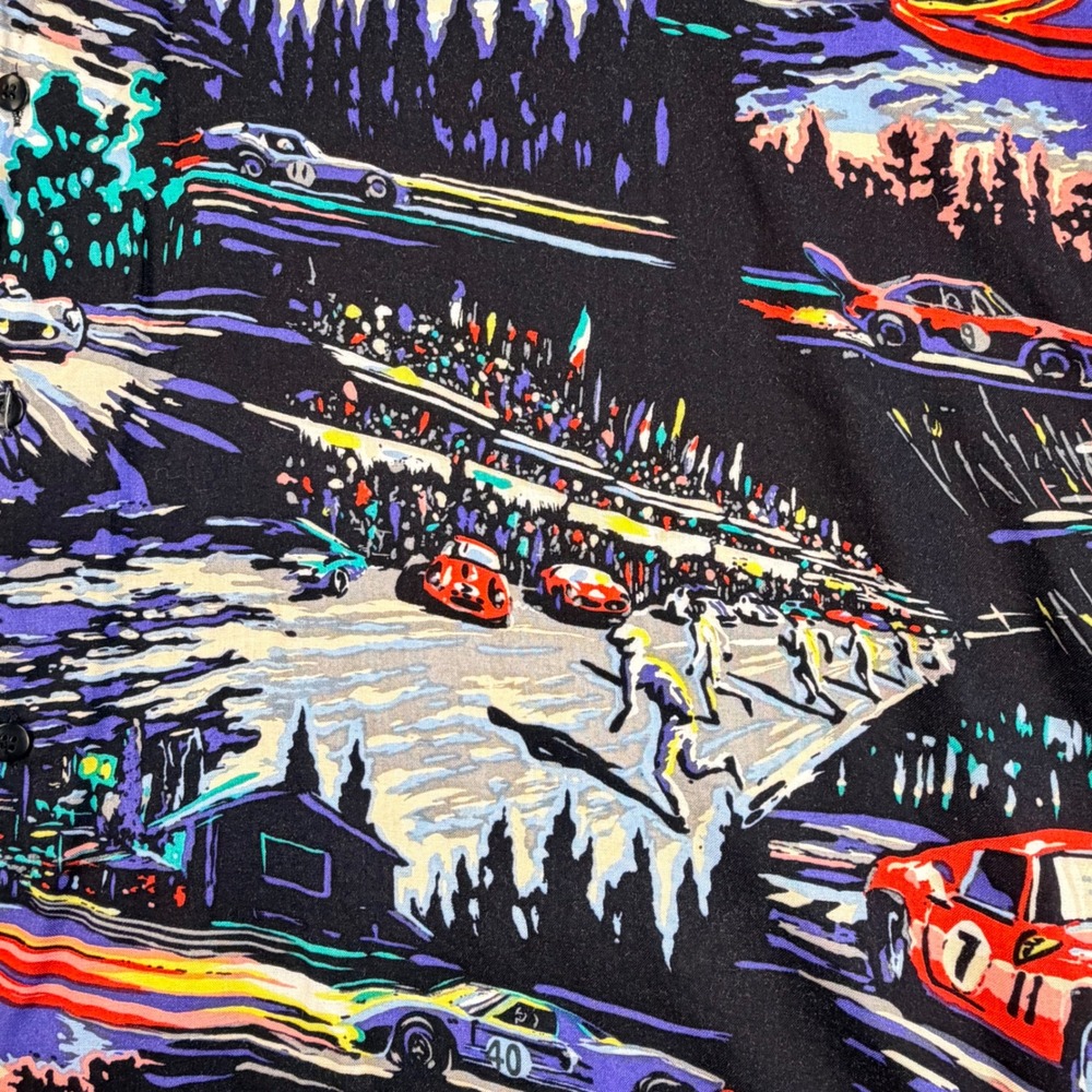 Vintage Hawaiian Shirt Monticerutti Men 2XL‎ Tall Black Grand Prix Race Car AOP - Picture 10 of 13